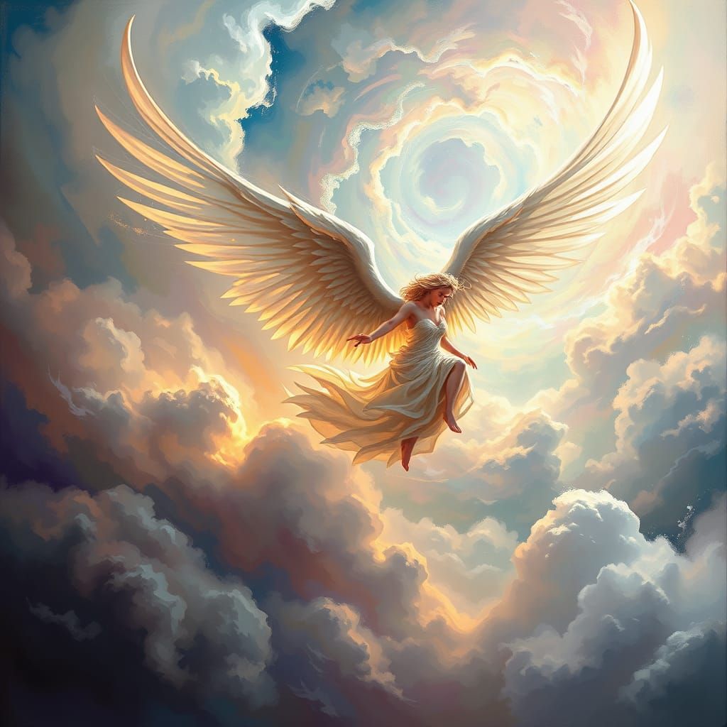 Majestic Winged Figure Soars Through Iridescent Clouds in Vi...