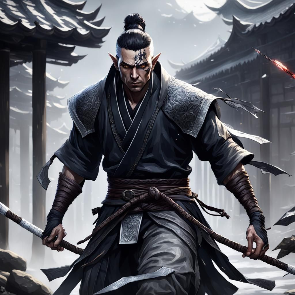 Shadar Kai Elf Kensei Monk in Dark Fantasy Art