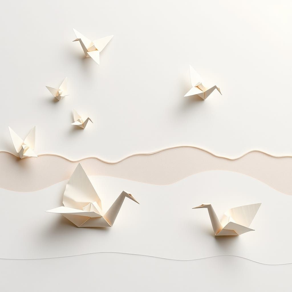 Delicate Origami Cranes and Boats in Minimalist Style