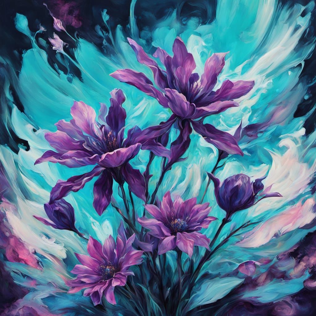 Radiant Amethyst Floral Painting in Glitchcore Style