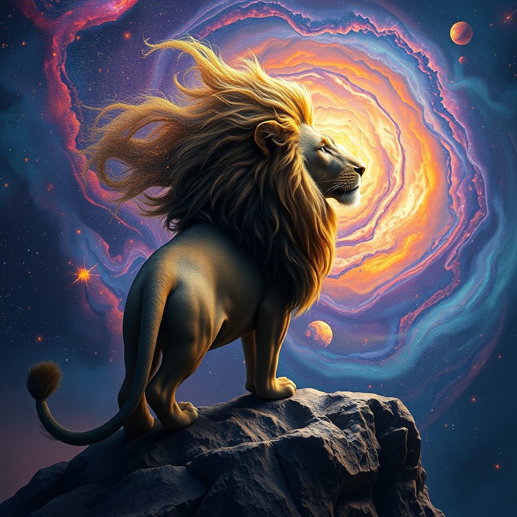 Stardust Lion Gazing Over Galaxy, Digital Art