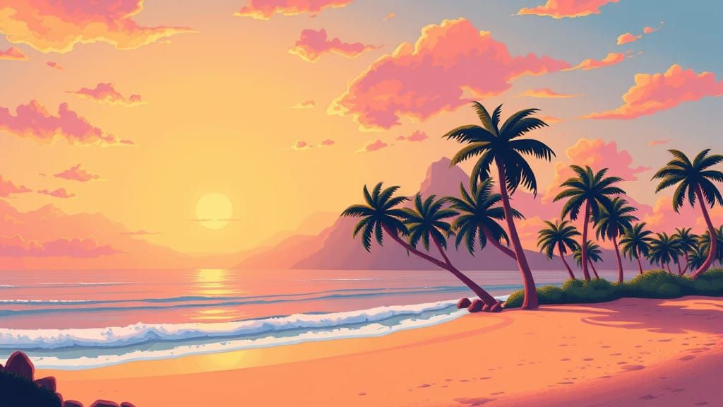 Vibrant 16-bit Beach Sunset in Pixel Art Style