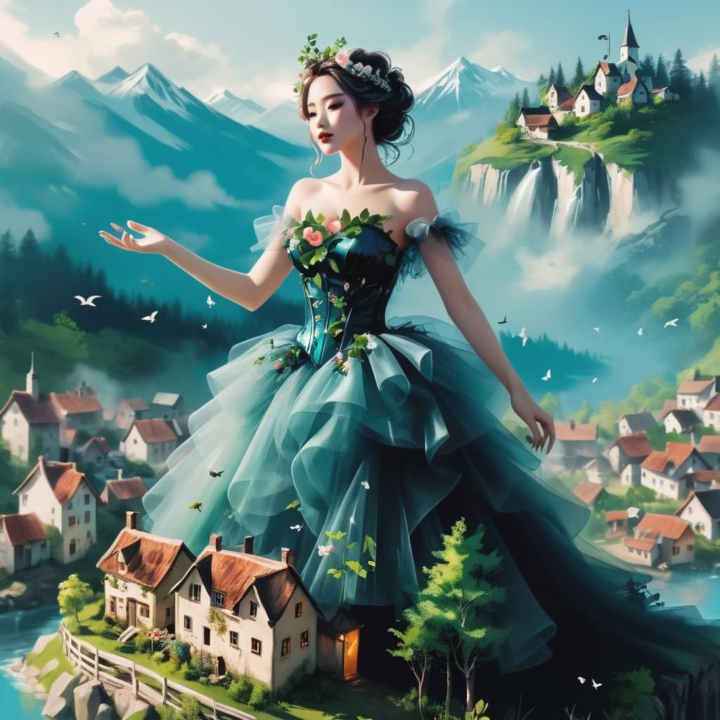 Surreal Ink Drawing: Whimsical Village Goddess