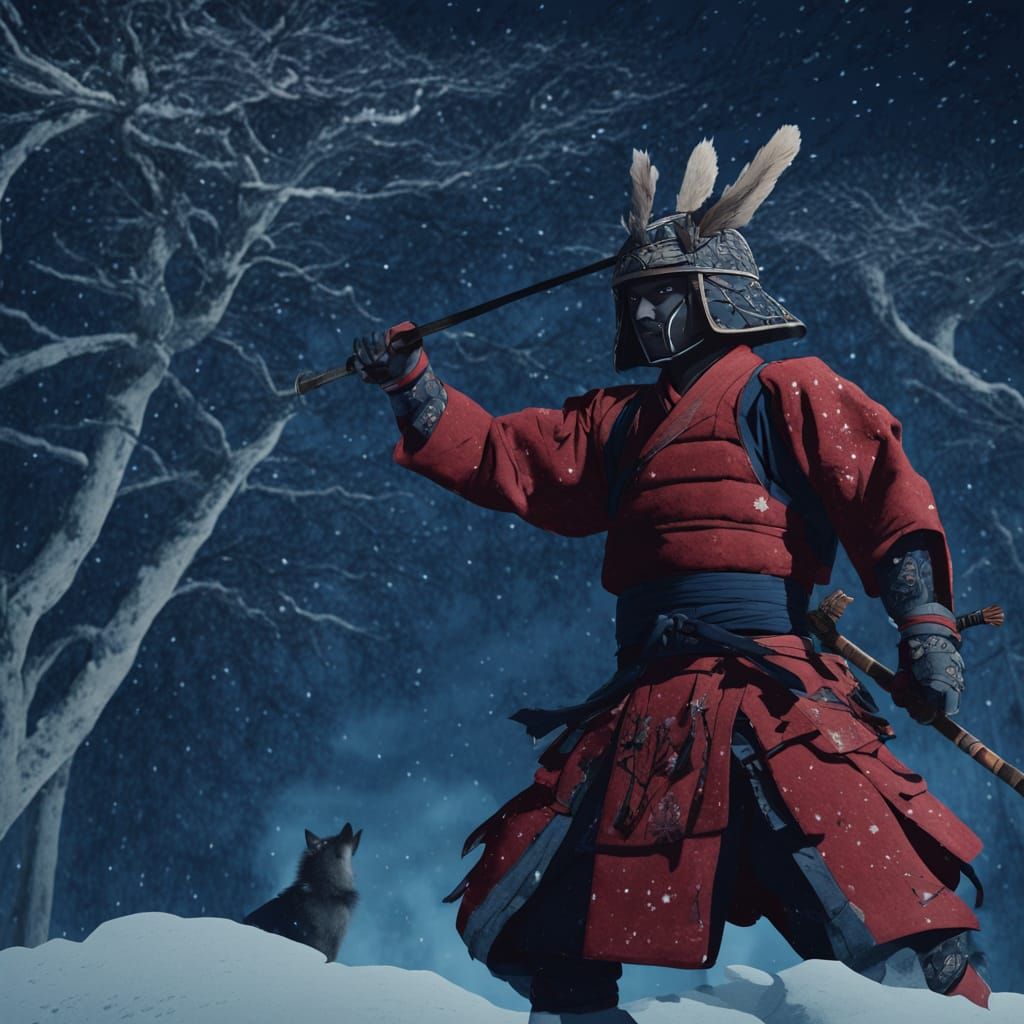 Samurai Warrior in Red Armour in Snowy Forest at Night