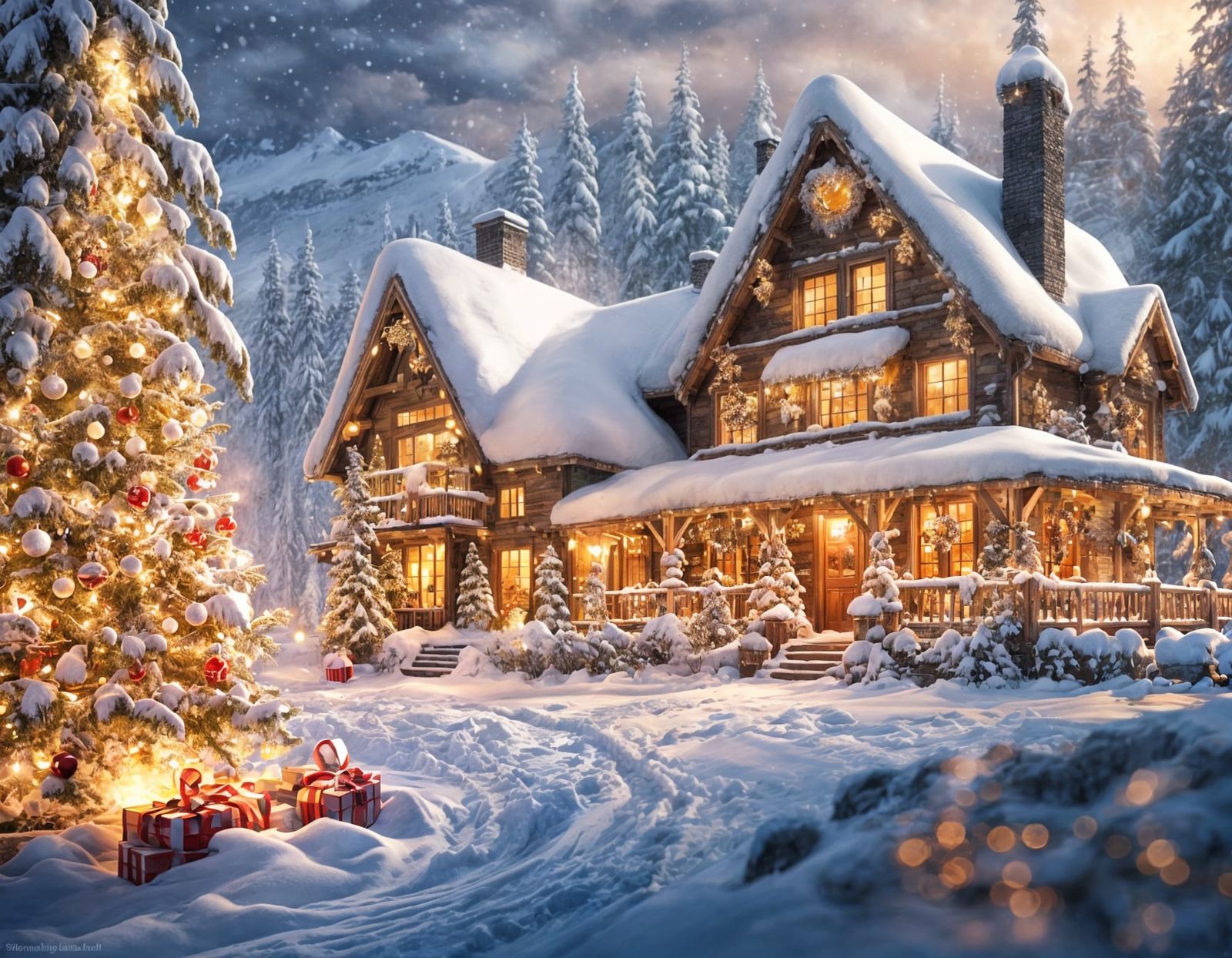 Cozy Christmas Mountain Lodge Cinematic Matte Painting