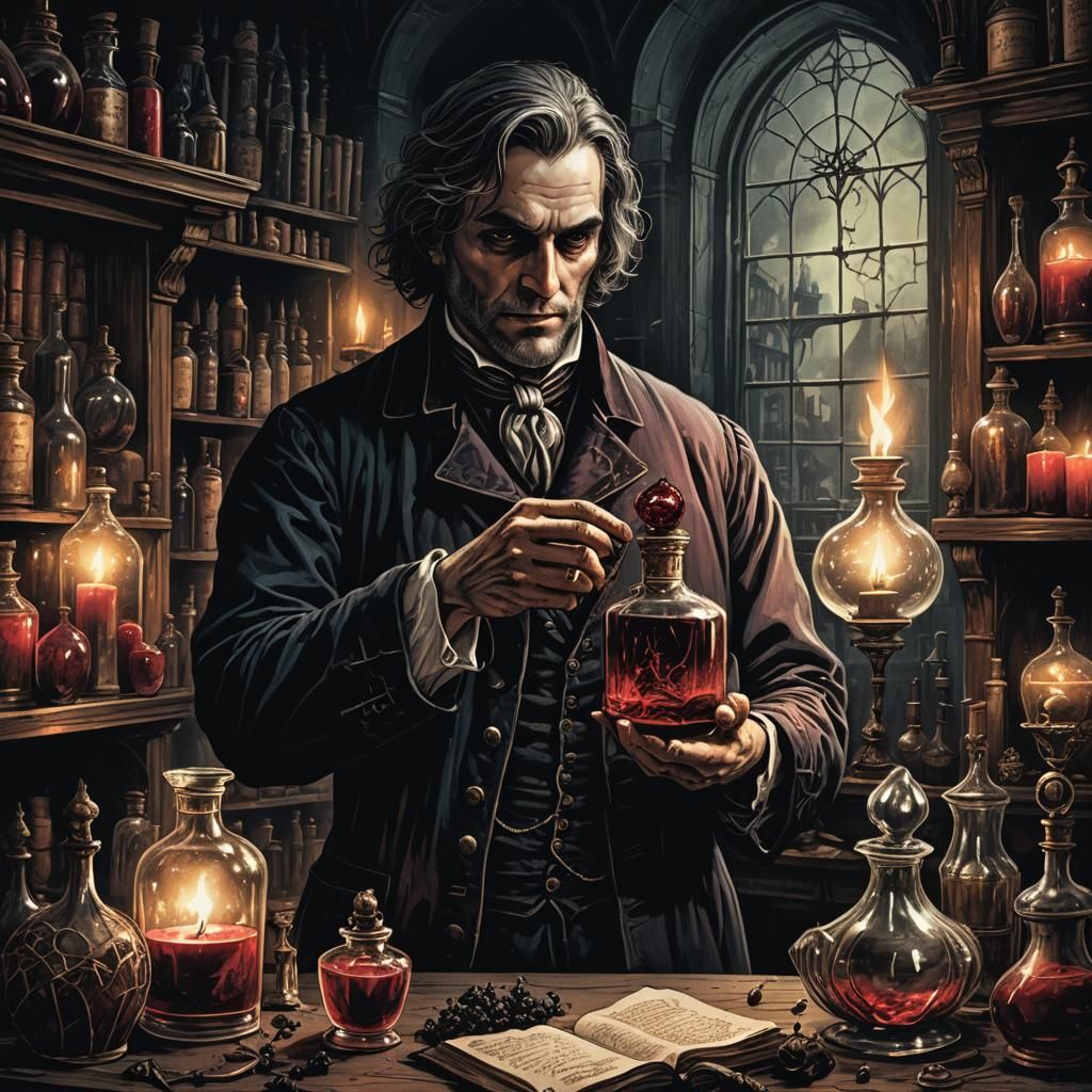 Dark Fantasy Perfumer in Gothic Apothecary