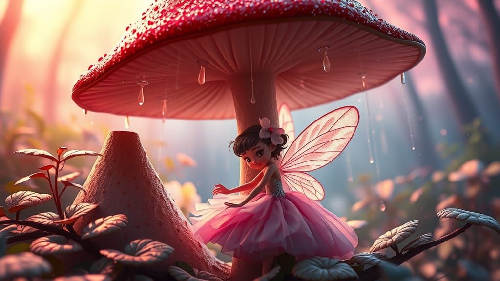 Rain in the enchanted forest. A cute  fairy hides from the r...