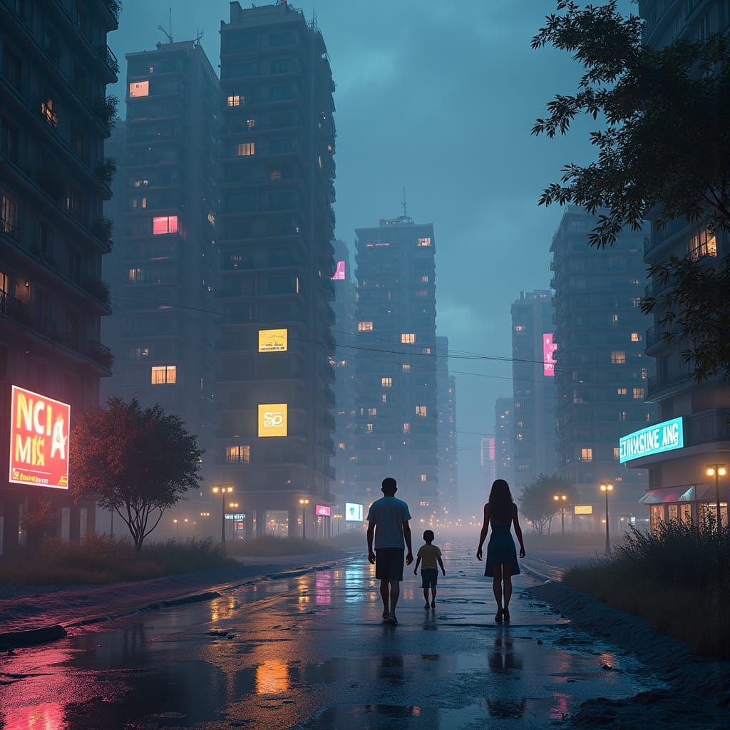 Futuristic City: Families United by Cellphone Lights