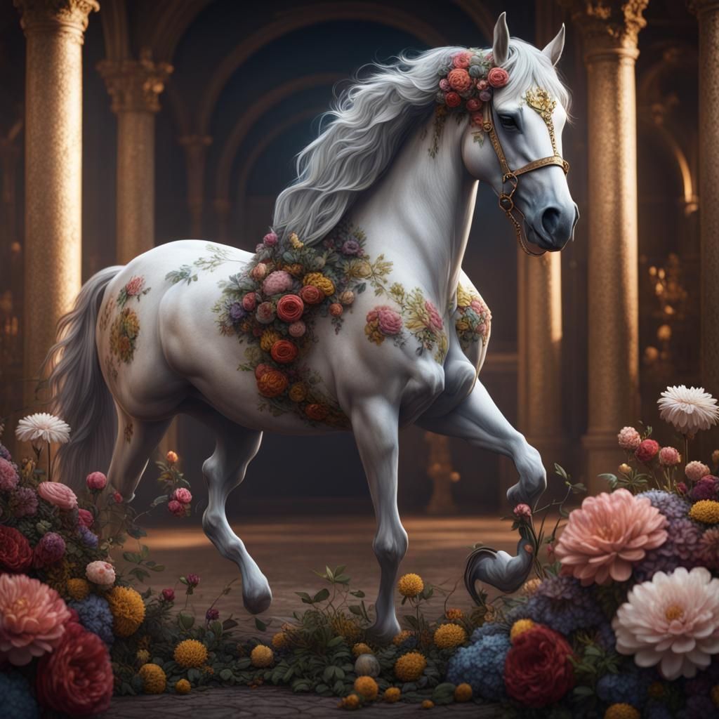 Elegant Floral Horse: Detailed Matte Painting