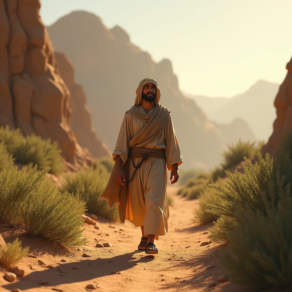 Contemplative Jesus Walks in Wilderness, Matte Painting