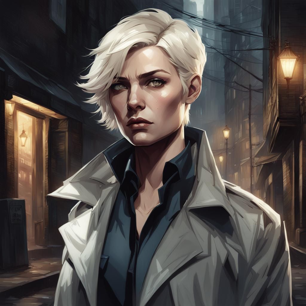 Platinum Blonde Detective in Dim Alleyway, Artgerm Style