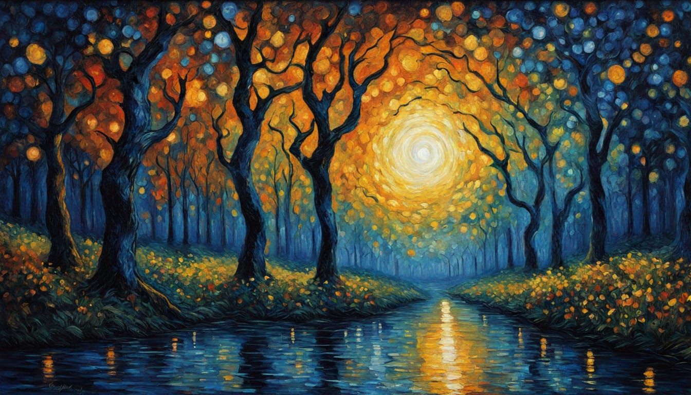 Mystical Cosmic Forest Portal Neo-Impressionist Oil Painting
