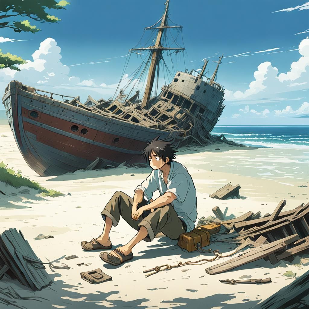 Castaway on a Sunny Beach: Ghibli Anime Style