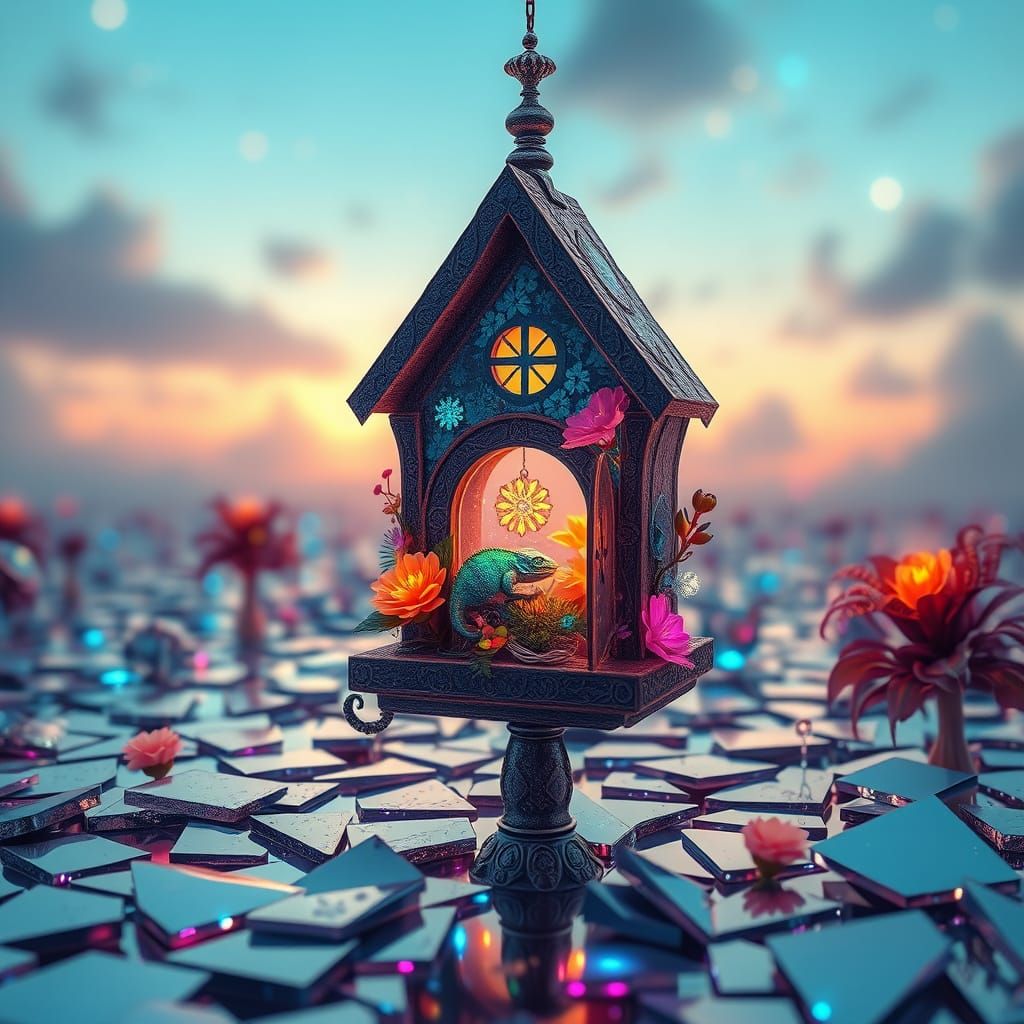 Surreal Ecosystem Birdhouse with Luminous Flora
