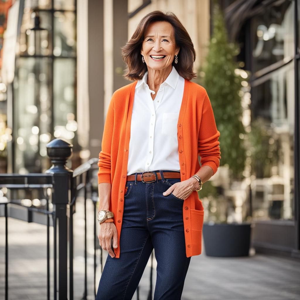 Smiling Woman in Classic Button-Down and Cardigan