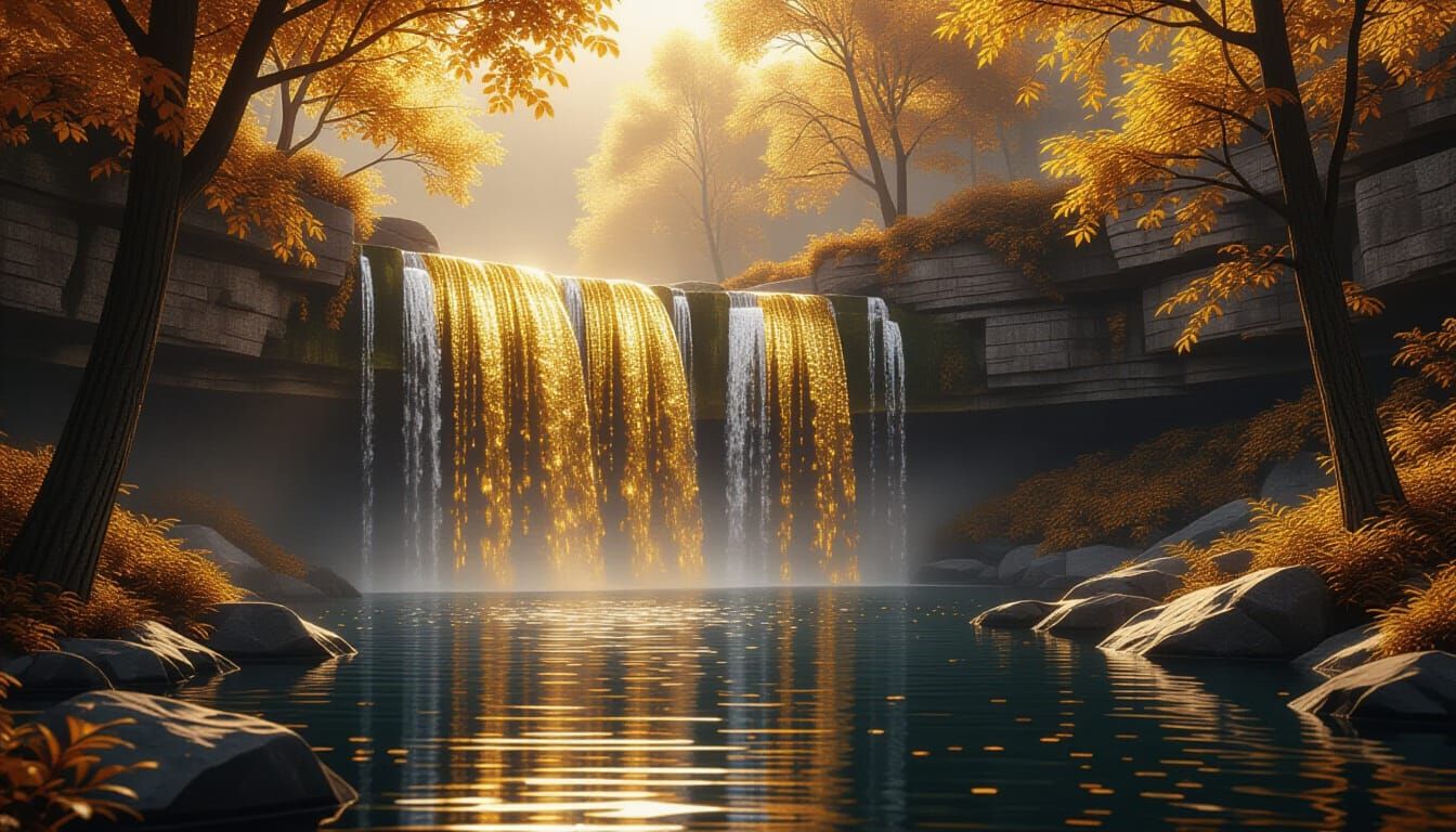 Liquid Gold Waterfall in Misty Autumn Forest