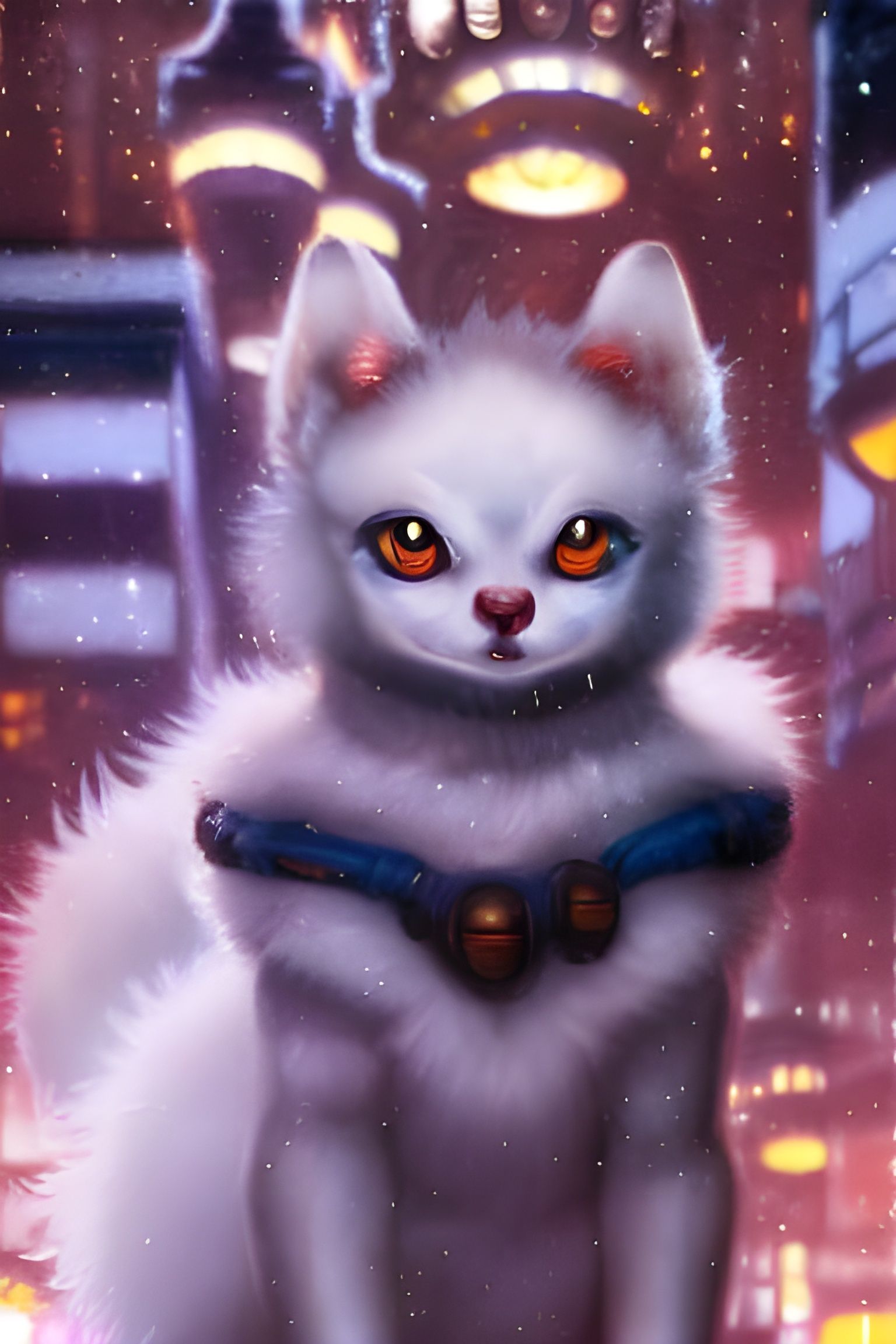 Are you an alien? - Detailed Portrait of a cute baby kitsune with fluffy white fur and big blue! glowing eyes standing i...