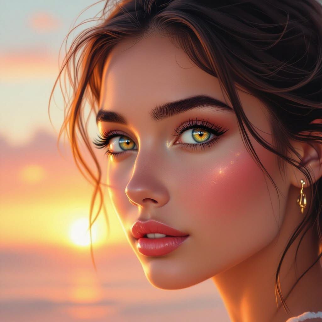 Woman's Expressive Eyes Reflecting a Warm Sunrise
