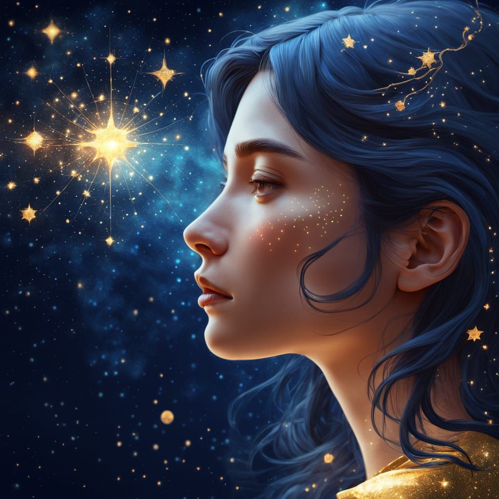 Surreal Portrait in Starry Galaxy Sky with Golden Lighting