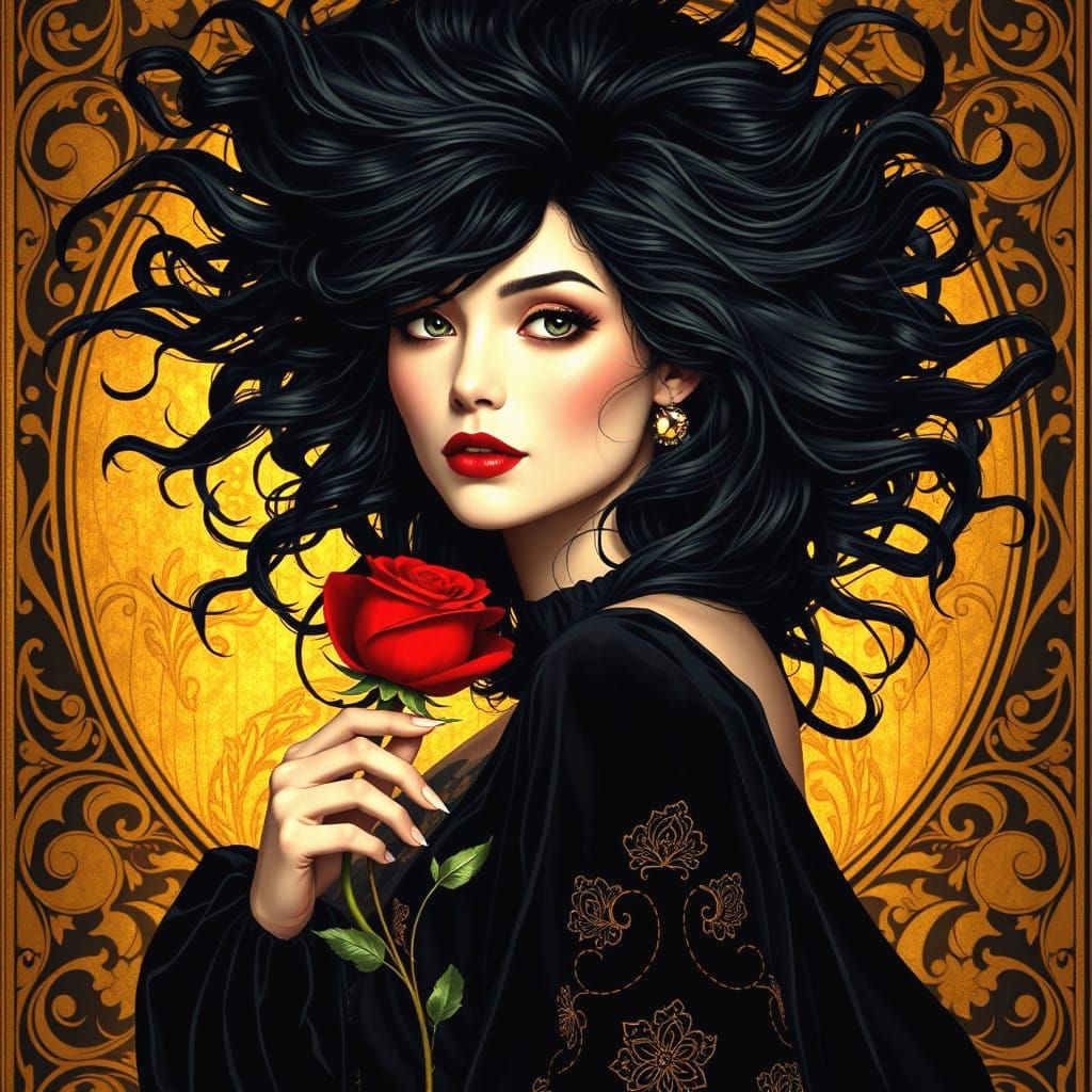 Mysterious Woman in Gold, Holding a Red Rose