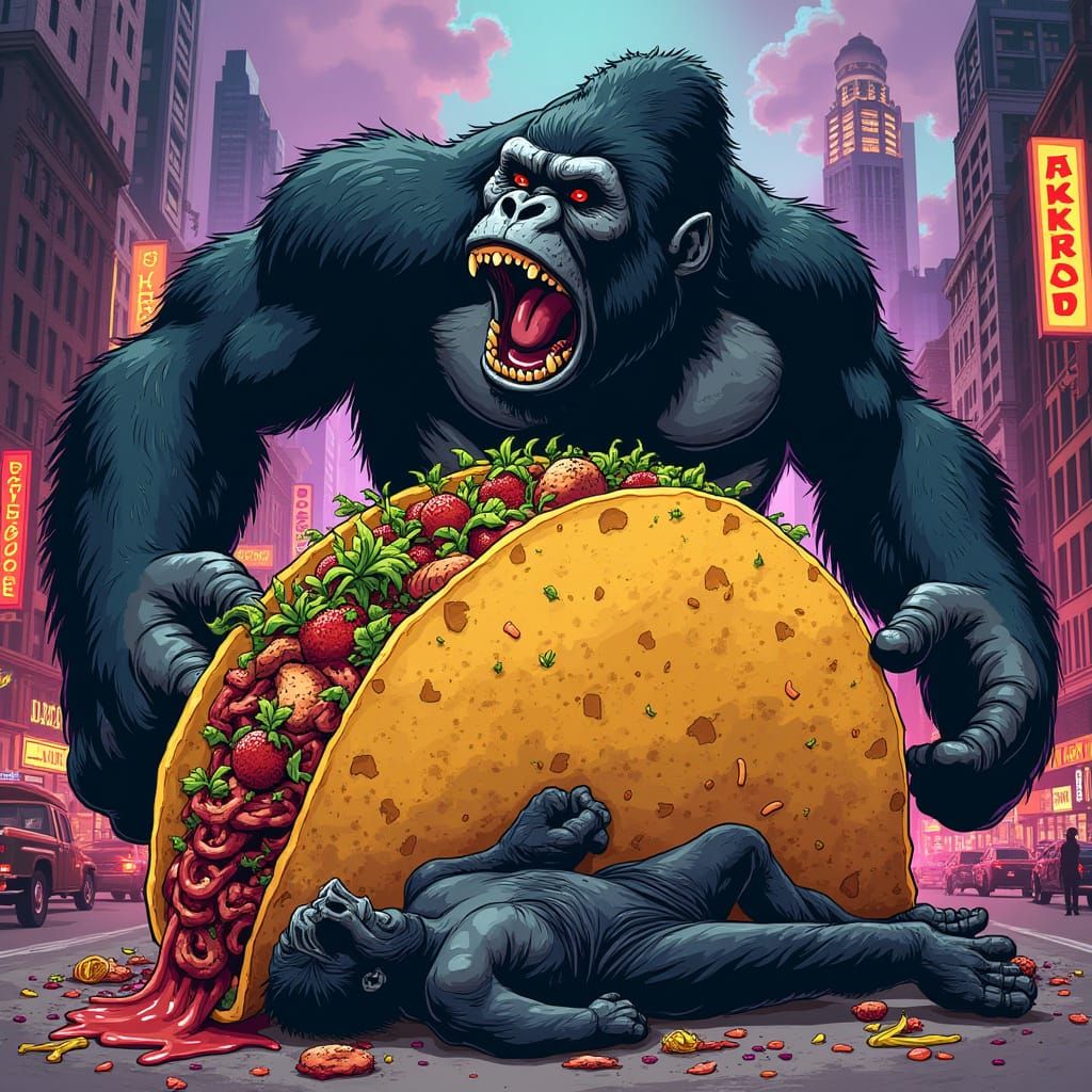 Giant Taco Triumphs Over King Kong in Neon Metropolis
