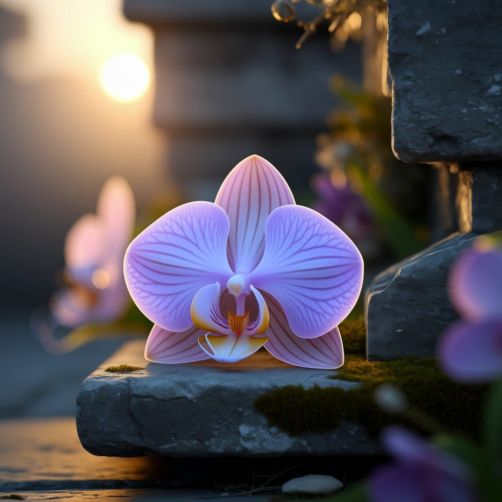 Luminous Orchid on Mossy Stone at Sunset
