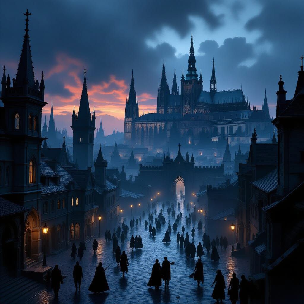 Ancient Gothic City in Twilight: Power Struggles in Dim Plaz...