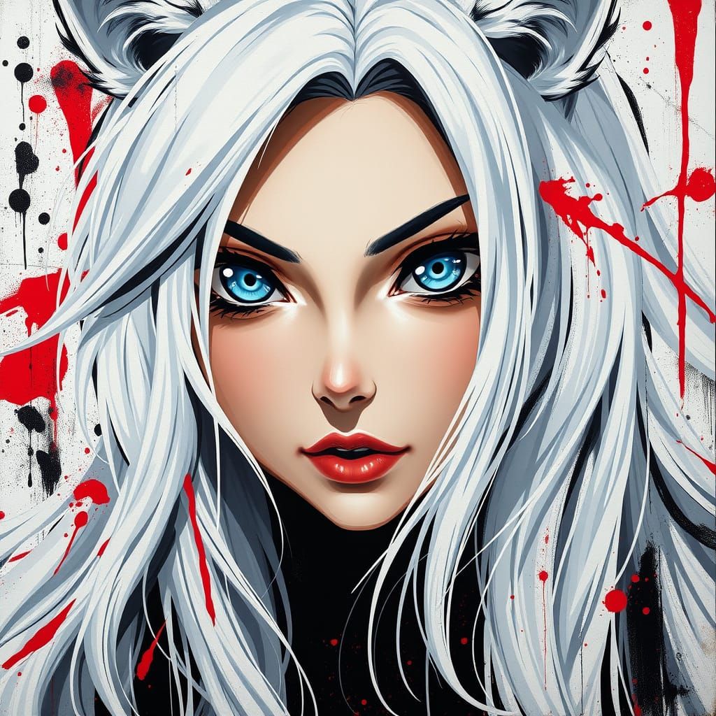 Vibrant Anime Wolf Goddess with Graffiti Flair