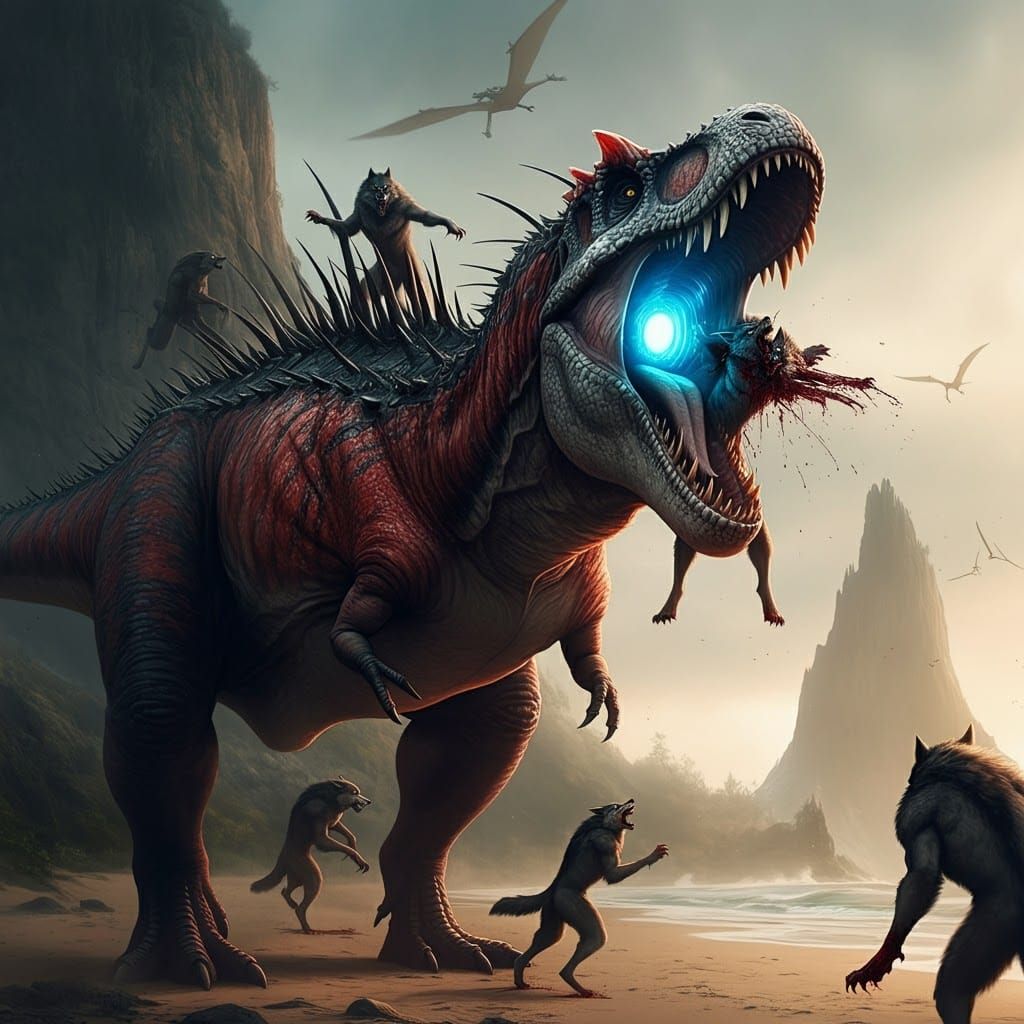 Mutated T-Rex Battles Werewolves on a Sandy Beach