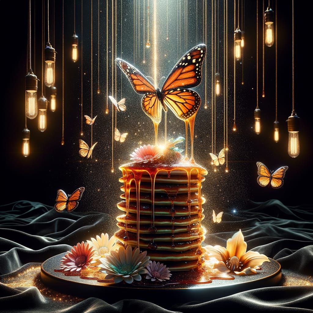 Confused butterfly flying around image of a stack of glowing...