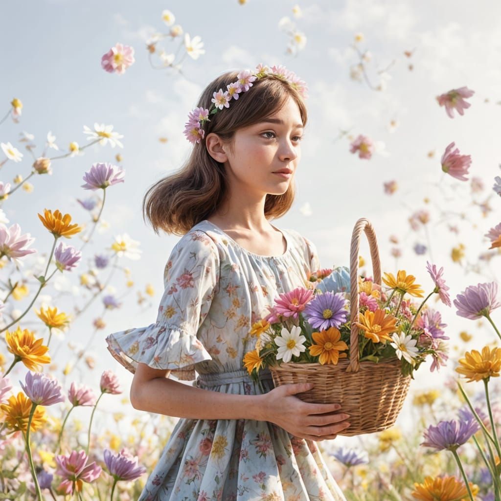 Animated Spring Flower Basket on White Background