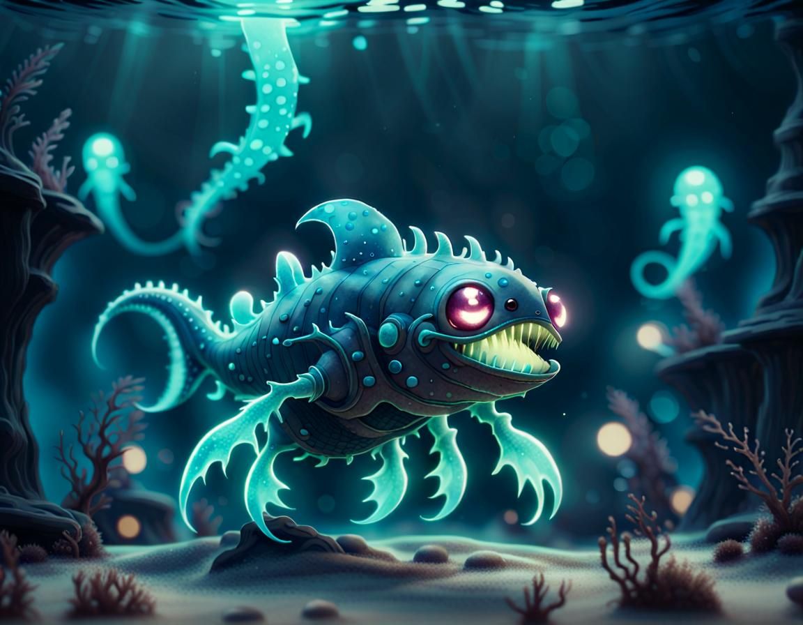 Bioluminescent Sea Monster Watercolor Illustration