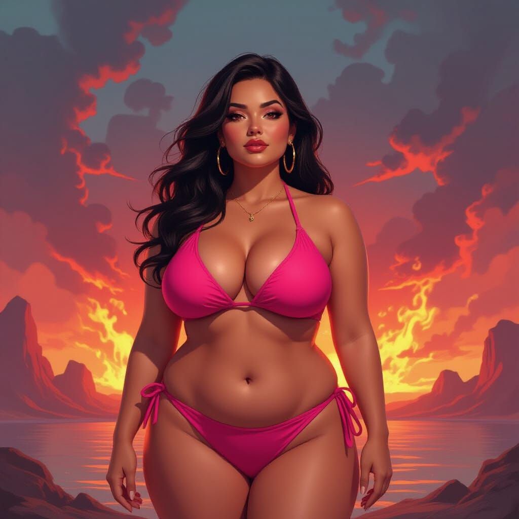 Confident Woman in Pink Bikini Against Hellish Landscape