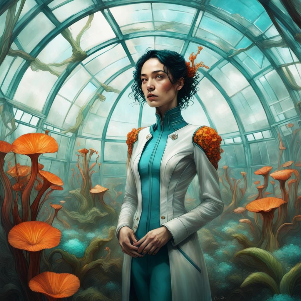 Scientist with Venusian Carnivorous Plants in Anime Style