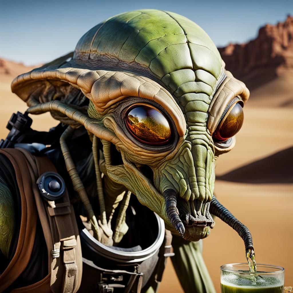 Insectoid Alien Drinks at Oasis: Cinematic Realism