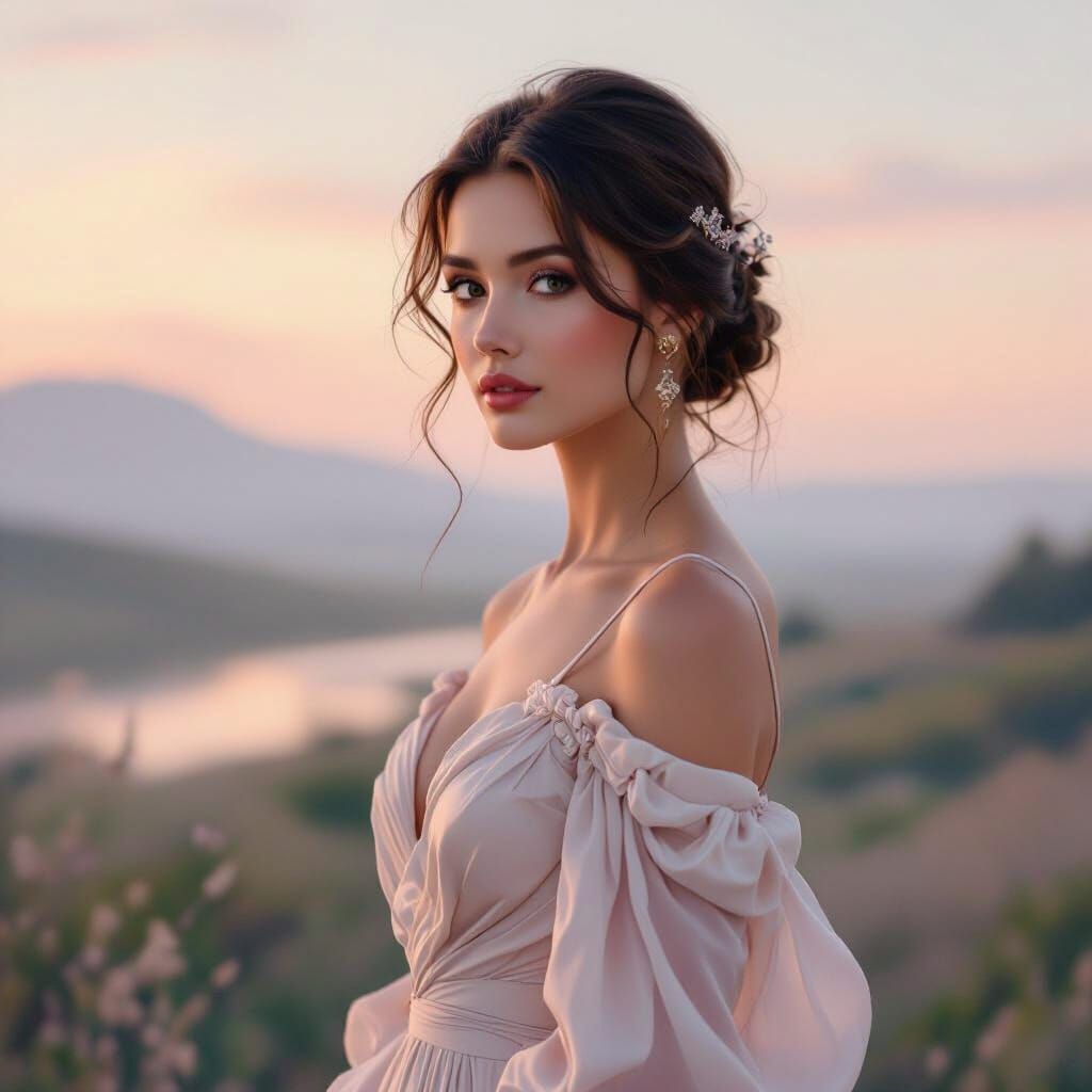 Elegant Woman in Dreamy Pastel Landscape