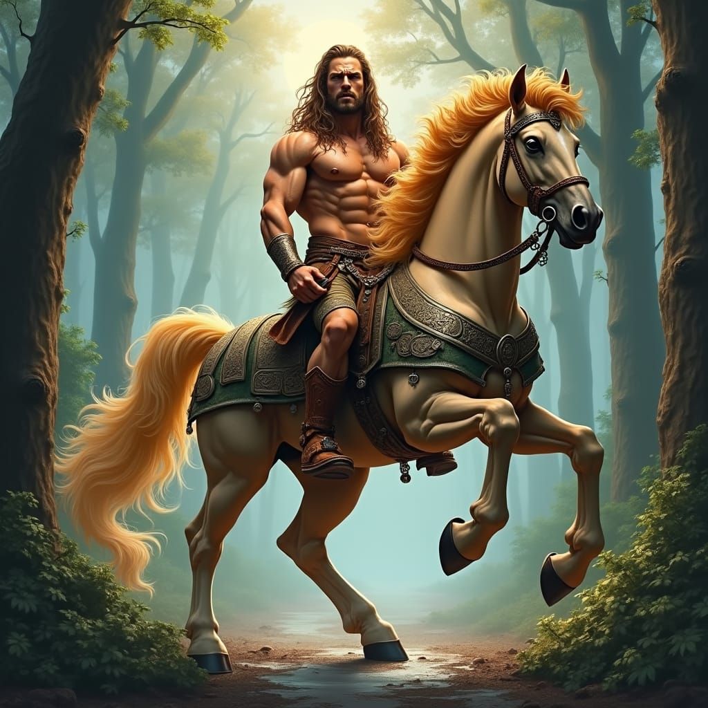 Heroic Centaur in Misty Forest, Mythic Realism