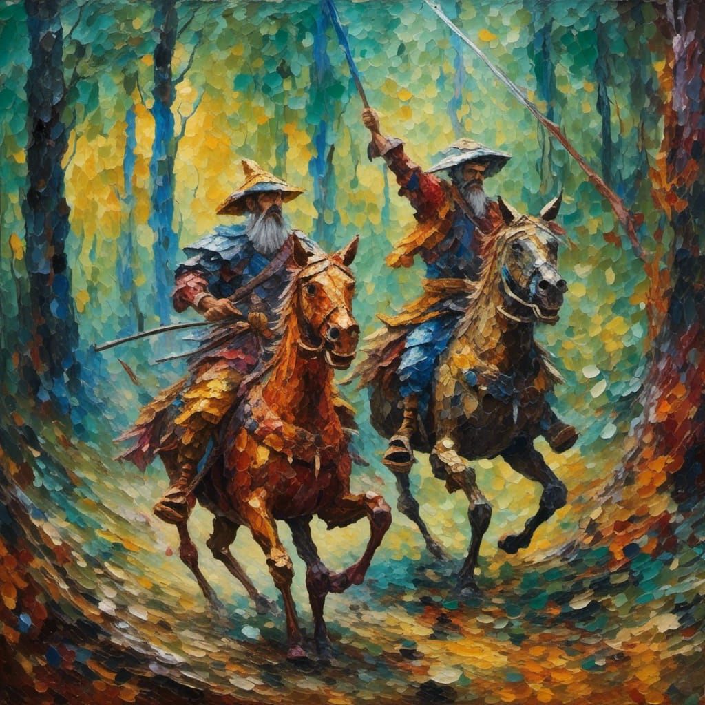 Don Quixote and Sancho Panza at War, Expressionist Painting
