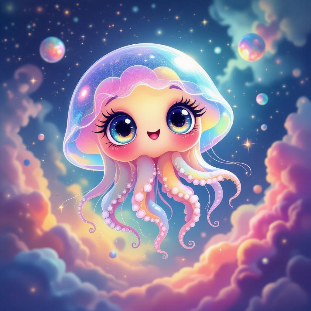 3D Cartoon Jellyfish in Cosmic Nebula, Dali & Amaringo Style