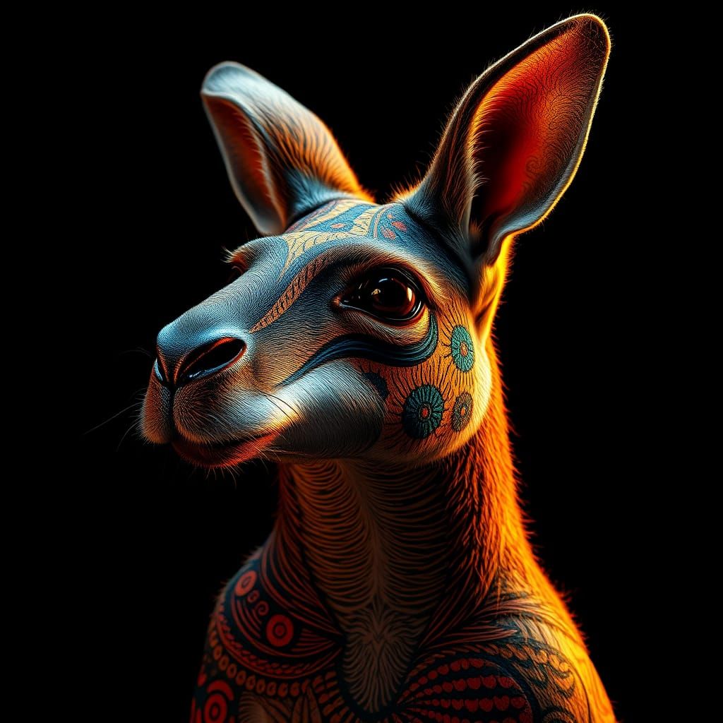 Vibrant Aboriginal Art Kangaroo in Dramatic Lighting