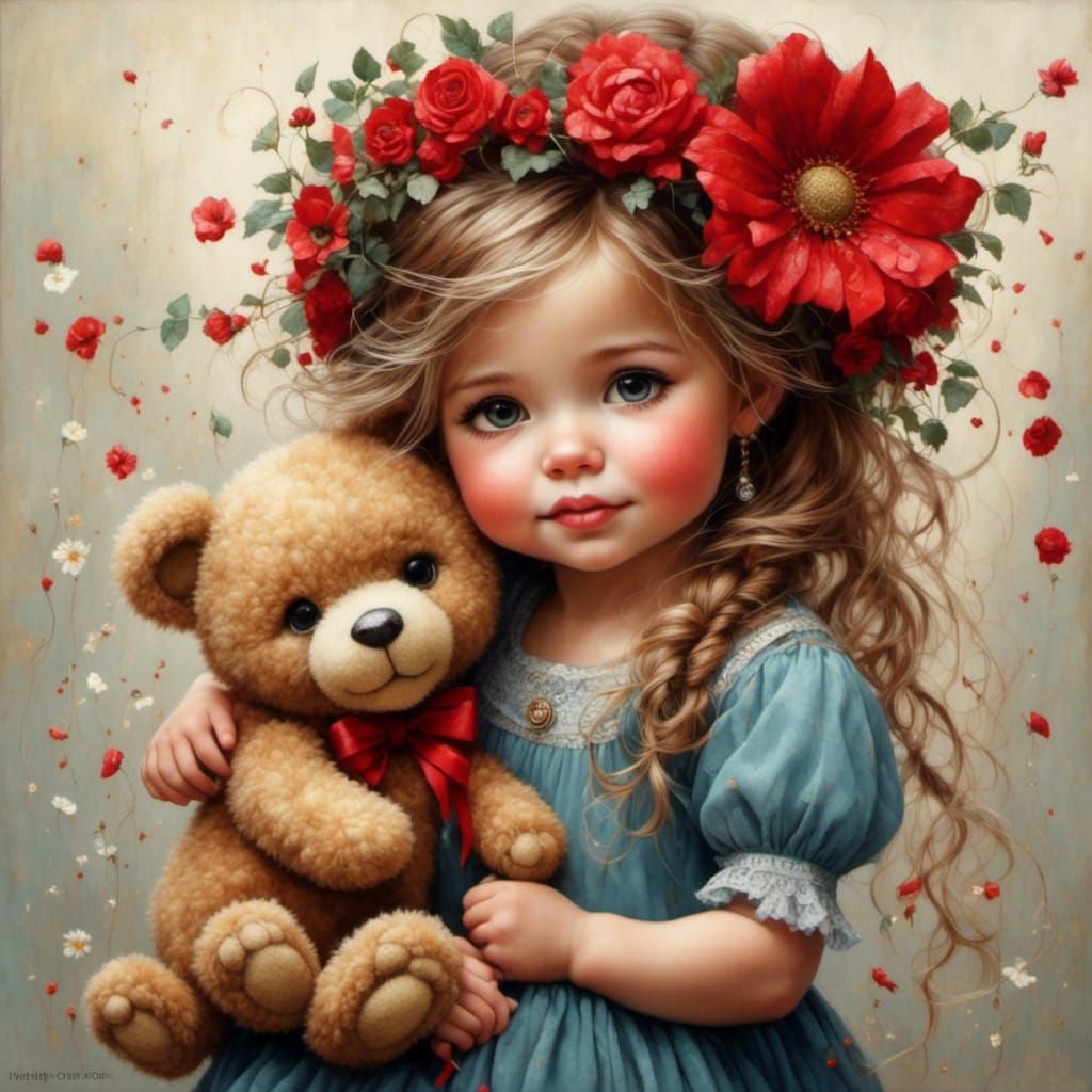 Girl with Teddy Bear in Mary Engelbreit Style