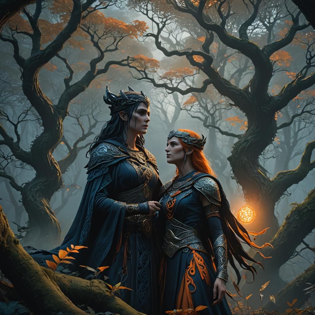 Morrigan and Cuchulain in Celtic Forest