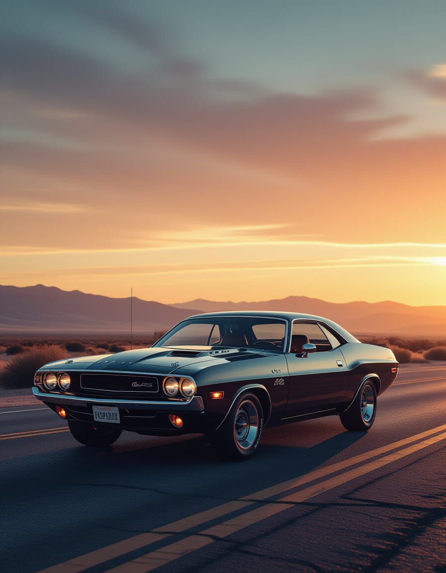 1970s Dodge Challenger on Deserted Highway at Sunset