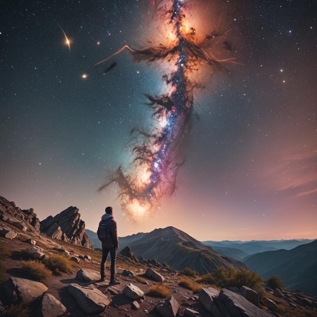 Astronomer Gazing at Galactic Explosion in Dusk Landscape