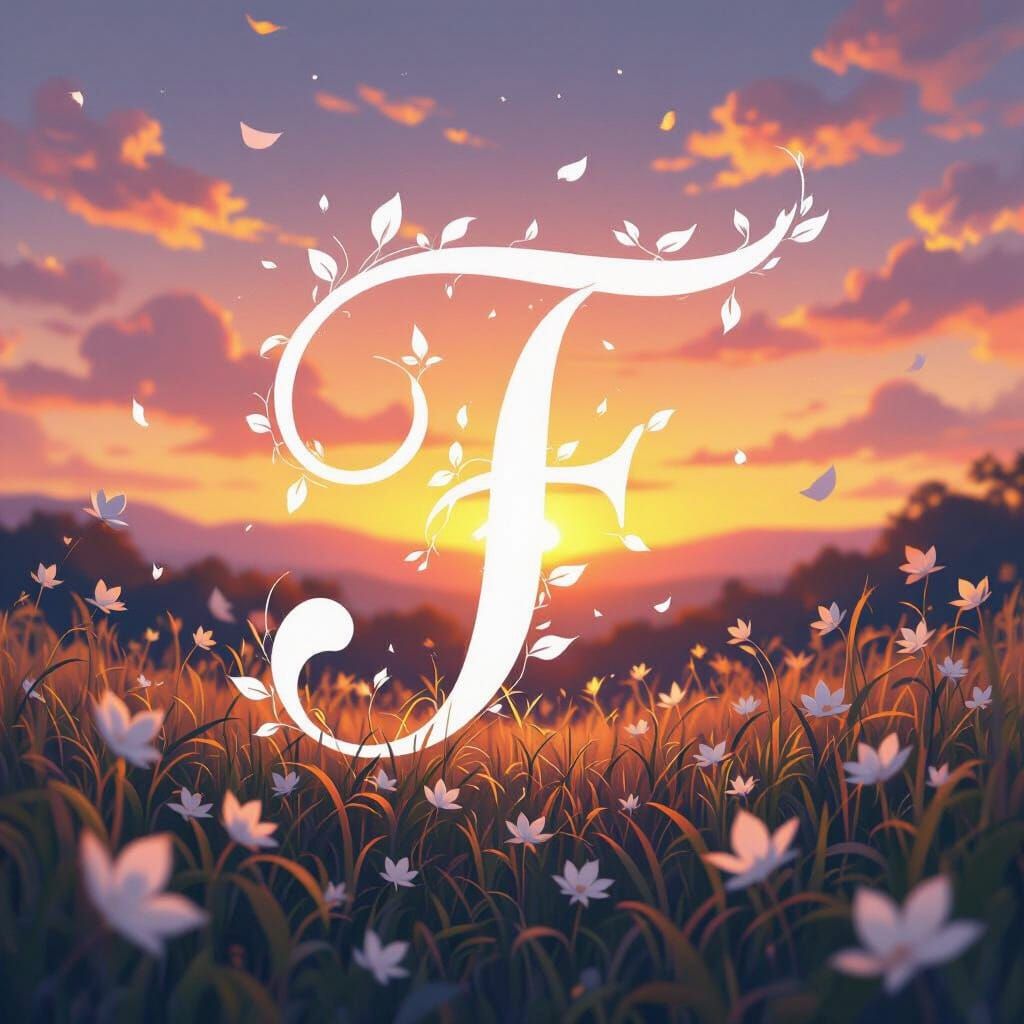 Calligraphic F with Sunset in Anime Style
