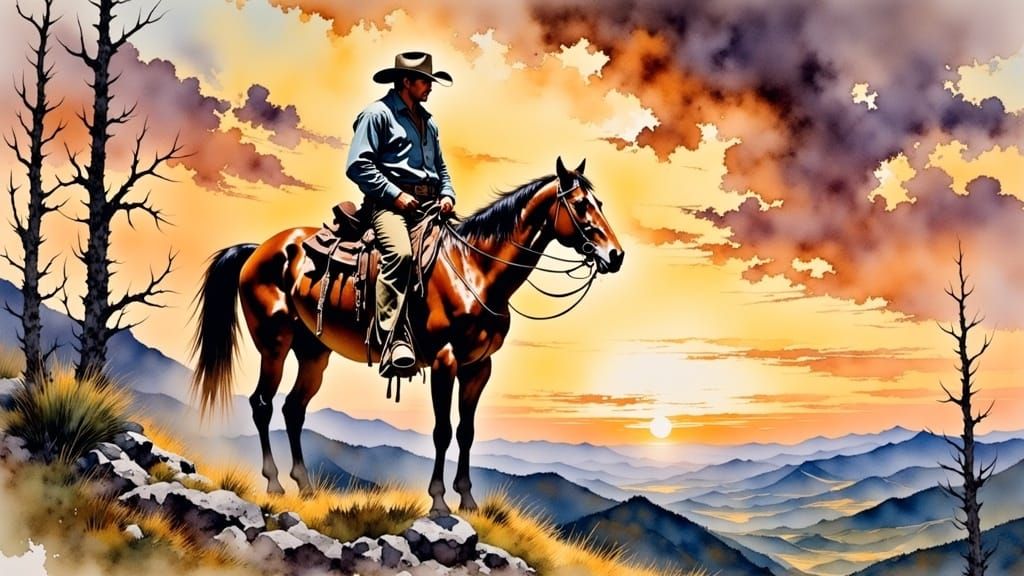 Cowboy Contemplates Meadow in Watercolor Style