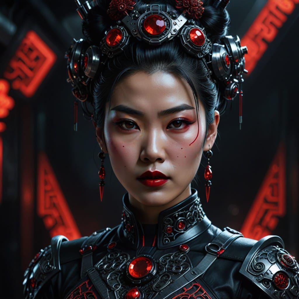 Elegant Asian Woman in Cyberpunk Headpiece