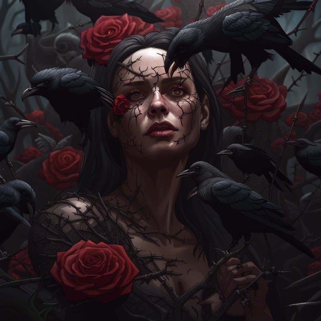 Dark Fantasy Woman with Roses and Crows