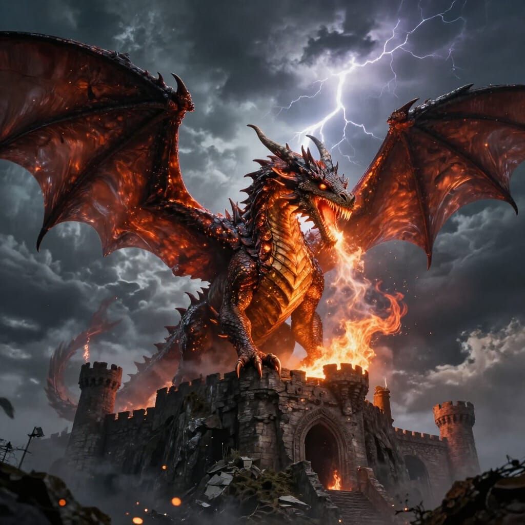 Massive Dragon on Ruined Castle in Stormy Sky