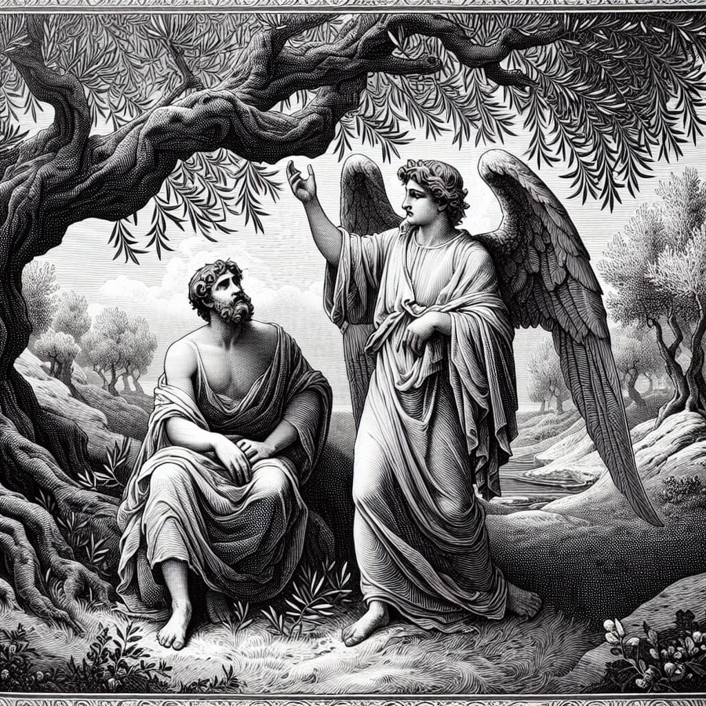 Man and Angel Woodcarving in Doré Style